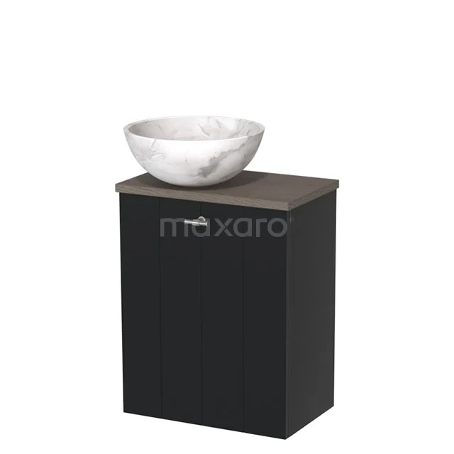 Zwarte badkamerkast met houten blad en witte marmeren komvormige wastafel, modern design uit premium badkamermeubelcollectie.