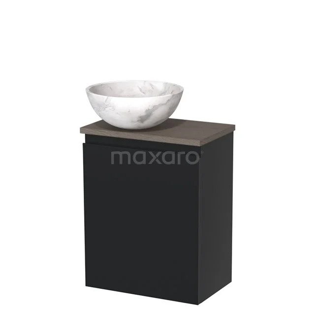 Modern zwart badkamermeubel met houtlook blad en ronde marmeren waskom, ideaal voor een stijlvolle badkamer inrichting.
