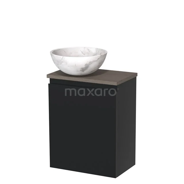 Toiletmeubel met waskom | 41 cm Mat zwart Greeploos front Wit marmer Natuursteen waskom Donkerbruin eiken blad TMK10-09693