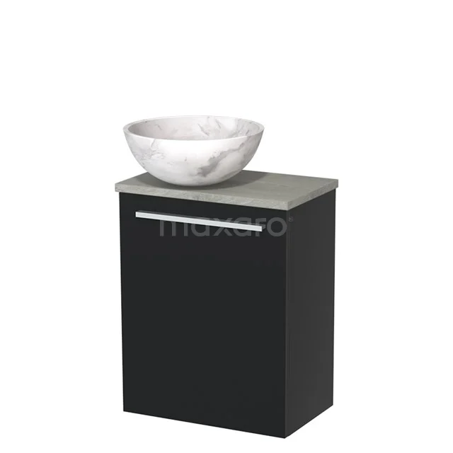 Schwarzer Badschrank mit marmoriertem Aufsatzwaschbecken, grauer Platte und verchromtem Haltegriff, ideal für moderne Badezimmer Einrichtung.