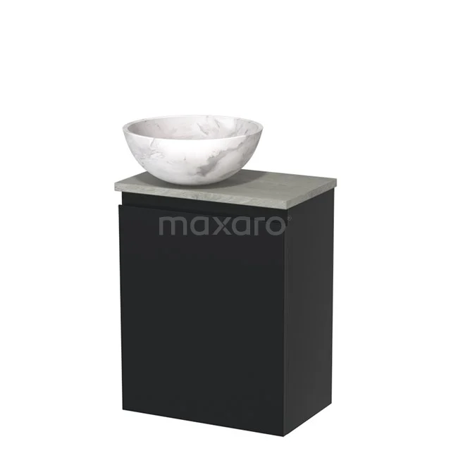 Zwart badkamerkastje met een keramische marmeren waskom, modern design, ideaal voor compacte badkamers.