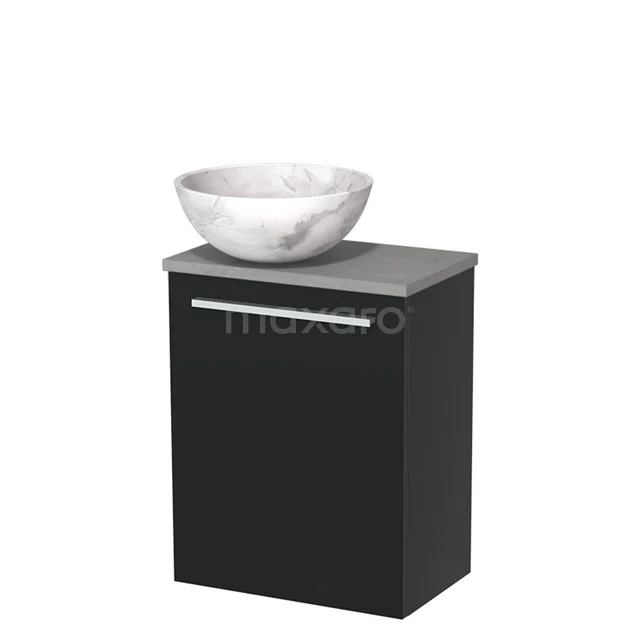 Zwarte badkamerkast met grijze top en ronde witte marmeren waskom, perfect voor een moderne badkamerstijl.