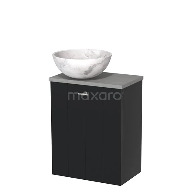 Schwarze Badmöbel mit grauer Platte, keramisches Marmor Aufsatzwaschbecken, kompaktes Design für modernen Badezimmerstil.