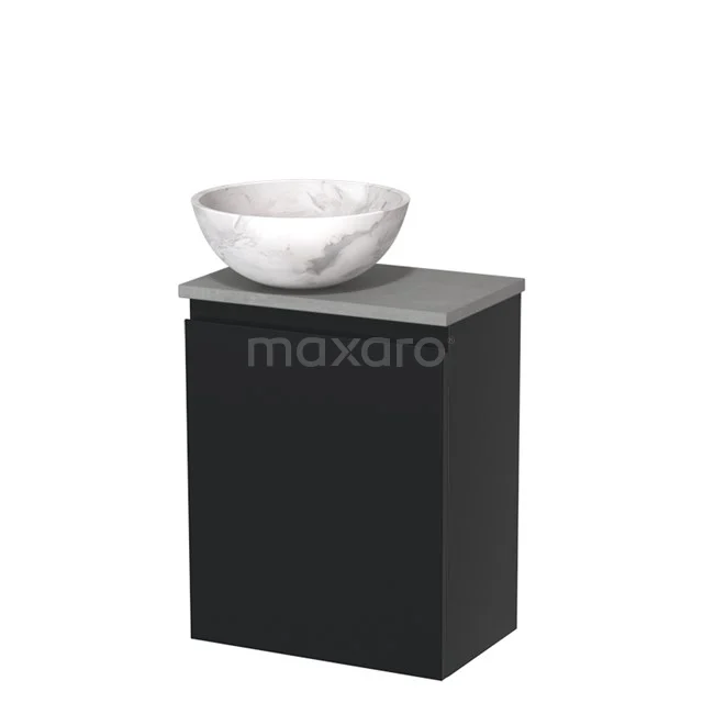 Zwarte badkamerkast met grijze wastafelblad en ronde witte waskom van marmer, modern design voor de badkamer.