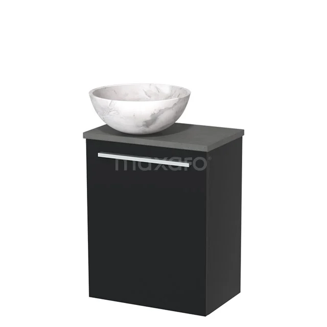Zwarte badkamerkast met marmer-look waskom, modern design, ideaal voor stijlvolle badkameropslag.