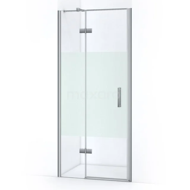 Glass shower door with aluminium frame, frosted striped detail, space-saving design, ideal for modern bathrooms.