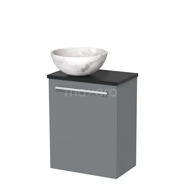 Grijs badkamermeubel met witte keramische waskom en zwart blad, compact design voor moderne badkamers.