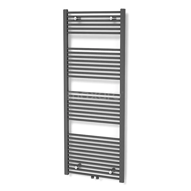 Grijze handdoekradiator, strak design, verticale buizen, ideaal voor stijlvolle badkamerverwarming.