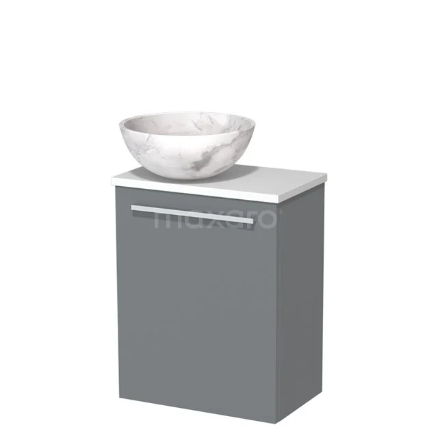 Grijze badkamerkast met wit keramisch waskommeubel, strak design, ideaal voor moderne badkamers.