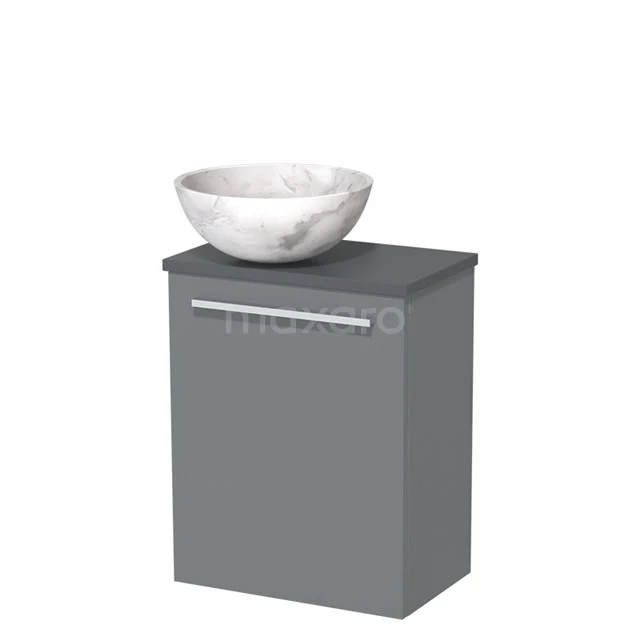 Grijze badkamerkast met marmeren waskom, compacte design van hout, ideaal voor moderne badkamers.