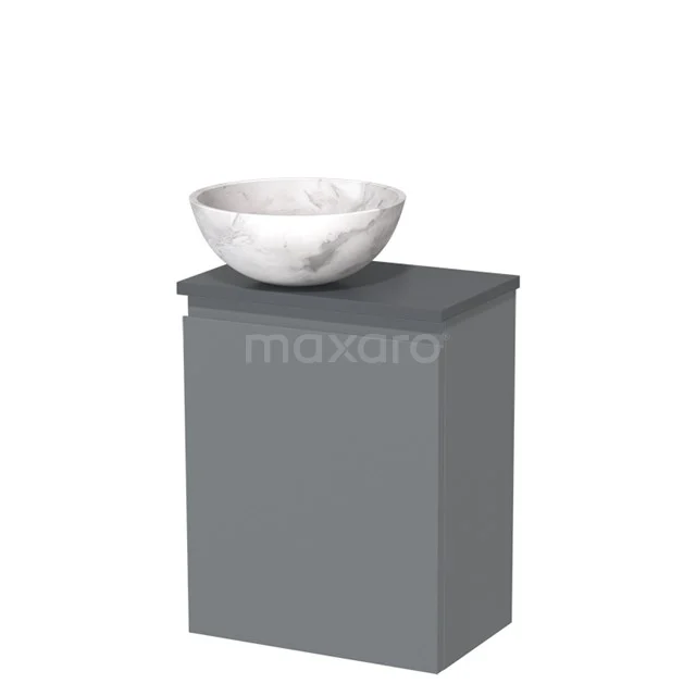Grijs badkamermeubel met marmeren waskom, strak ontwerp, ideaal voor moderne badkamerinrichting.