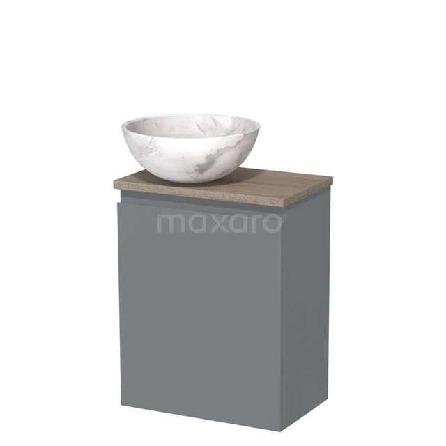 Grijs badkamermeubel met houten blad en witte marmeren waskom, strak en compact design voor moderne badkamers.