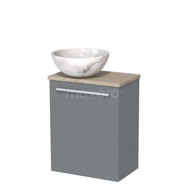 Grijze badkamerkast met houten blad en ronde marmeren waskom, modern design.
