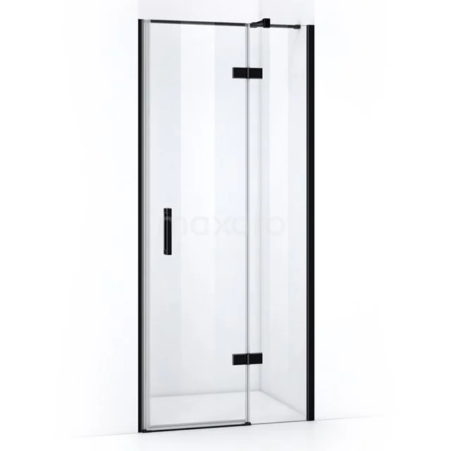 Glass shower door with black profile, angular shape, suitable for modern bathrooms; sturdy hinges and minimalist design.