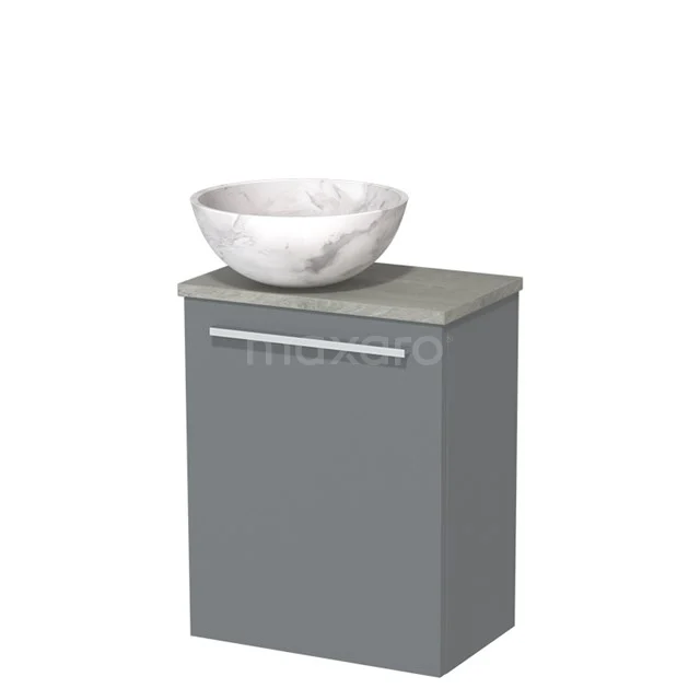 Grijs badkamermeubel met marmeren waskom, modern design, ideaal voor stijlvolle en compacte badkamerinrichtingen.