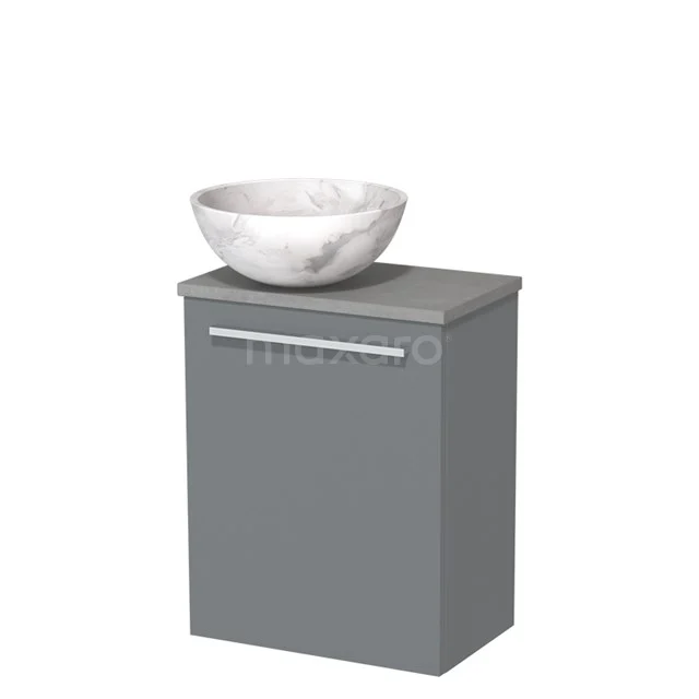 Grijs badkamermeubel met lade en witte marmeren waskom, modern design voor stijlvolle badkameropslag.