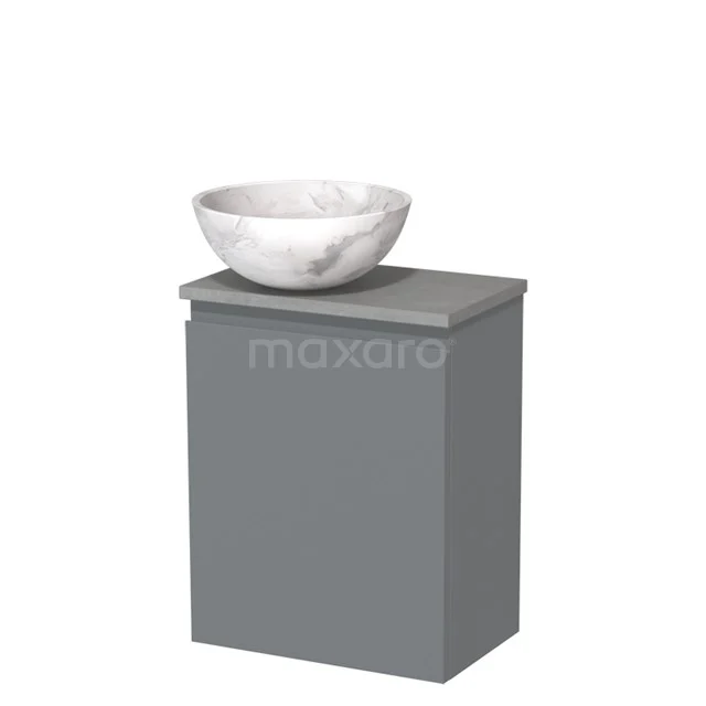 Grijze badkamerkast met marmeren waskom, modern design, ideaal voor stijlvolle opbergruimte in de badkamer.