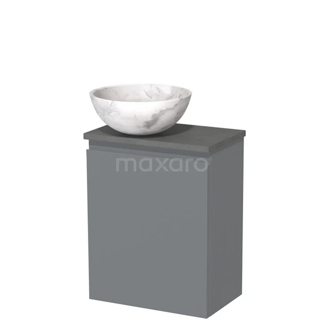 Grijze badkamerkast met witte marmeren waskom, modern design, ideaal als stijlvolle opberger voor een compacte badkamer.