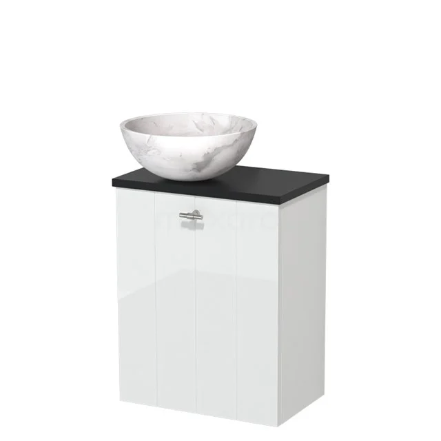 Toiletmeubel met waskom | 41 cm Hoogglans wit Lamel front Wit marmer Natuursteen waskom Mat zwart blad TMK10-09762
