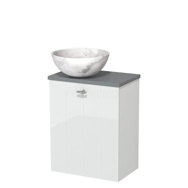 Toiletmeubel met waskom | 41 cm Hoogglans wit Lamel front Wit marmer Natuursteen waskom Middengrijs blad TMK10-09766