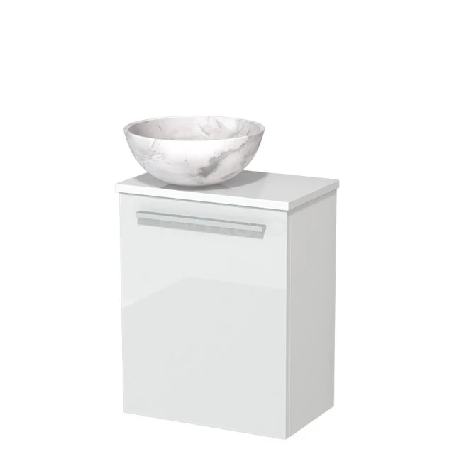 Wit badkamermeubel met marmeren waskom, modern design en strakke lade, ideaal voor een stijlvolle badkamerinrichting.