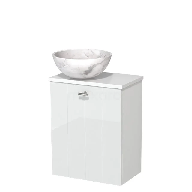 WC-Möbel mit Aufsatzwaschbecken | 41 cm Hochglanz Weiß Lamellenfront Weißer Marmor Naturstein Aufsatzwaschbecken Hochglanz Weiß Platte TMK10-09774 Weißes Hochglanz-Badmöbel mit marmoriertem Aufsatzwaschbecken, kompaktes Design aus Keramik, ideal für moderne Badezimmereinrichtungen.