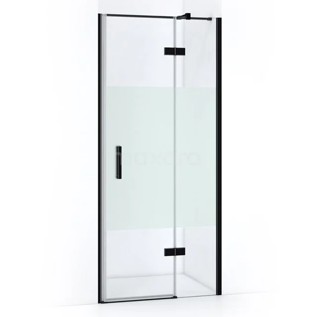 Glass shower door with frosted black frame, including hinges and handle, ideal for modern bathroom design.