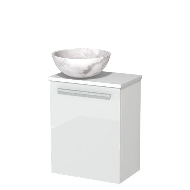 Wit badkamermeubel met marmeren waskom, modern design, glanzende afwerking en geïntegreerde opberglade.