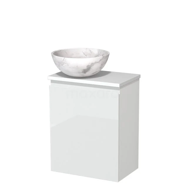 Wit badkamermeubel met marmeren wastafelkom, modern design en hoogglans afwerking. Perfect voor een stijlvolle badkamer.
