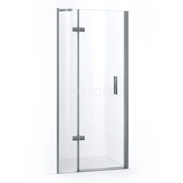 Glass shower door with silver hinges, minimalist design and a sturdy handle; ideal for modern bathrooms.