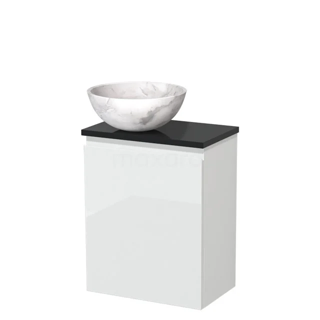 Toiletmeubel met waskom | 41 cm Hoogglans wit Greeploos front Wit marmer Natuursteen waskom Hoogglans zwart blad TMK10-09791