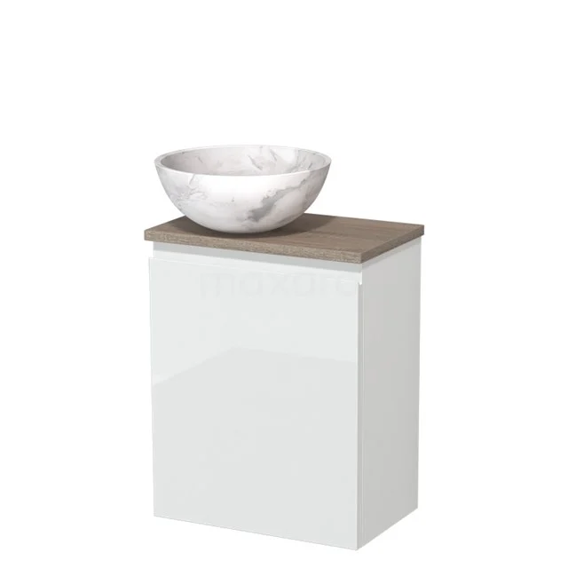 Wit badkamermeubel met houtlook bovenblad en marmeren waskom, modern design voor stijlvolle badkamers.