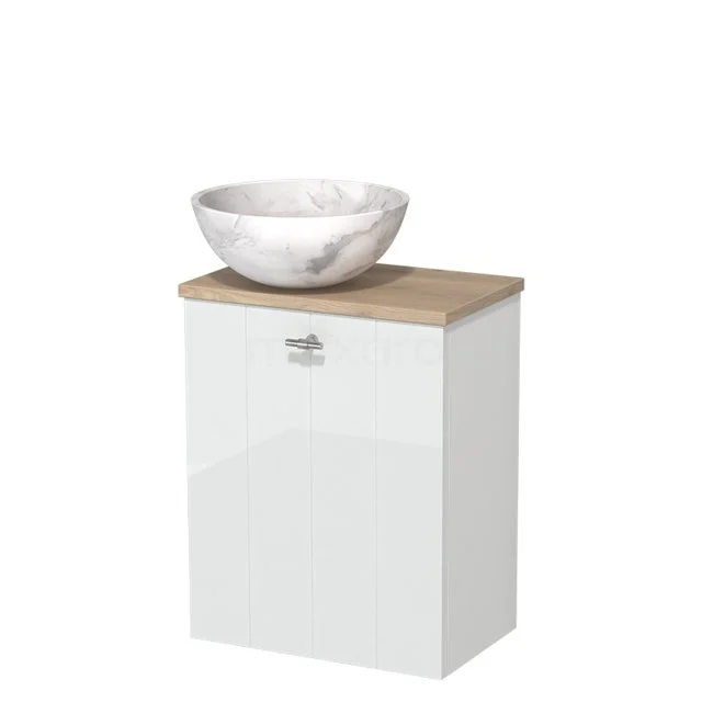 Wit badkamermeubel met houtlook bovenblad en ronde marmeren waskom, stijlvol design voor moderne badkamers.
