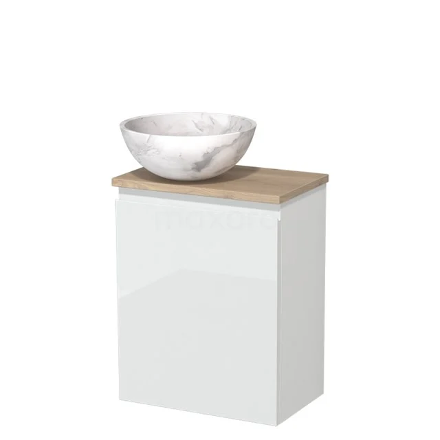 Weißes Badezimmermöbel mit Holzplatte und runder Marmorwaschbecken, modernes Design für eine stilvolle Badezimmergestaltung.