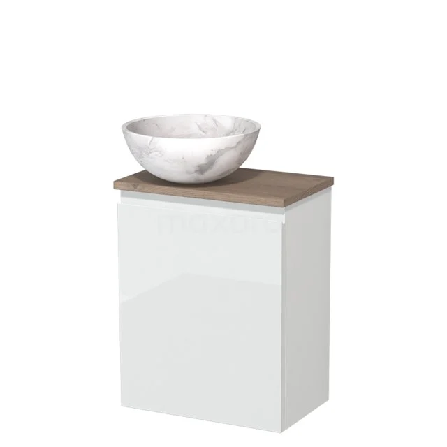 Wit badkamermeubel met houtlook top en marmer wastafel, modern ontwerp ideaal voor een stijlvolle badkamerinrichting.