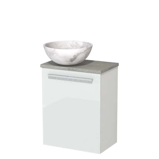 WC-Möbel mit Aufsatzwaschbecken | 41 cm Hochglanz Weiß Glatte Front Weißer Marmor Aufsatzwaschbecken aus Naturstein Graue Eiche TMK10-09813 Weißer Badschrank mit grauer Platte und marmoriertem Aufsatzwaschbecken, modernes Design. Perfekt für kompakte Badezimmer.