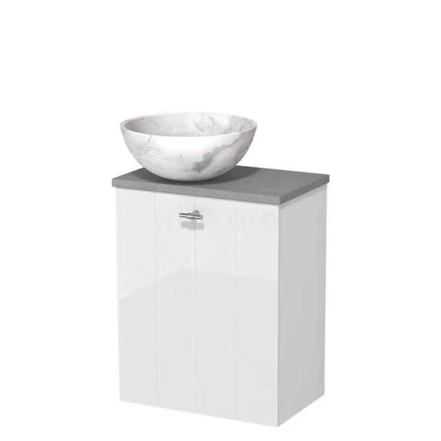 Toiletmeubel met waskom | 41 cm Hoogglans wit Lamel front Wit marmer Natuursteen waskom Lichtgrijs beton blad TMK10-09822