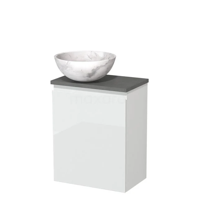 Wit badkamermeubel met grijze blad en ronde marmeren waskom, modern design, ideaal voor een stijlvolle badkamer inrichting.