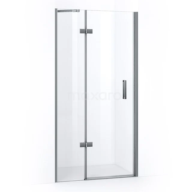 Glass shower door with clear glass safety glass, minimalist design and chrome hinges for a modern bathroom style.