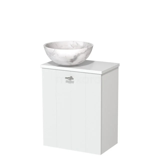 Toiletmeubel met waskom | 41 cm Mat wit Lamel front Wit marmer Natuursteen waskom Hoogglans wit blad TMK10-09842