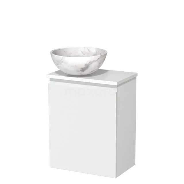 Weißes Badezimmermöbel mit marmoriertem Aufsatzwaschbecken, schlankes Design und kompaktes Format, ideal für moderne Bäder.