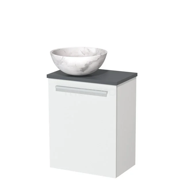 Wit badkamermeubel met marmeren opzetwaskom, antraciete bovenblad en moderne designgreep. Perfect voor een stijlvolle badkamer.