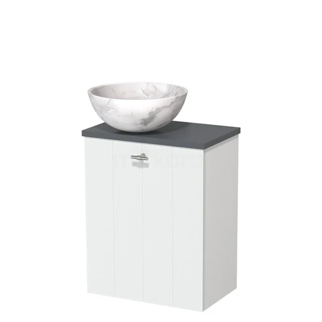 Wit badkamermeubel met grijze top en ronde wastafel van wit marmer, ideaal voor moderne badkamerinrichting.