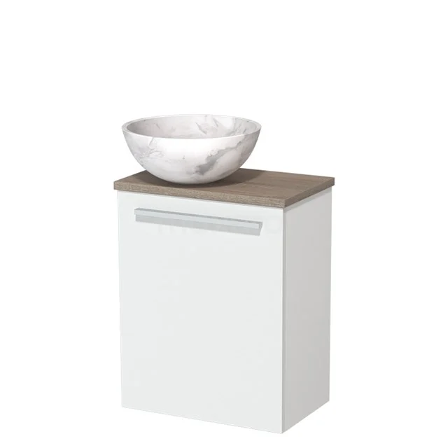 Toiletmeubel met waskom | 41 cm Mat wit Vlak front Wit marmer Natuursteen waskom Eiken blad TMK10-09861