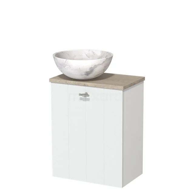 Wit badkamermeubel met houten blad en marmeren waskom, compact design ideaal voor moderne en kleine badkamers.