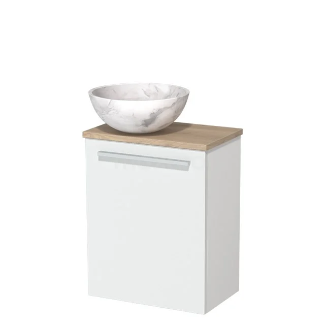 Toiletmeubel met waskom | 41 cm Mat wit Vlak front Wit marmer Natuursteen waskom Lichtbruin eiken blad TMK10-09869