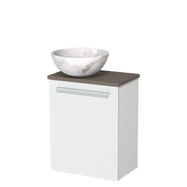 Toiletmeubel met waskom | 41 cm Mat wit Vlak front Wit marmer Natuursteen waskom Donkerbruin eiken blad TMK10-09877