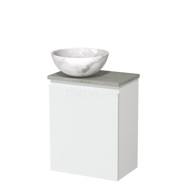 Wit badkamermeubel met grijs blad en ronde marmeren waskom; compact design ideaal voor moderne badkamers.