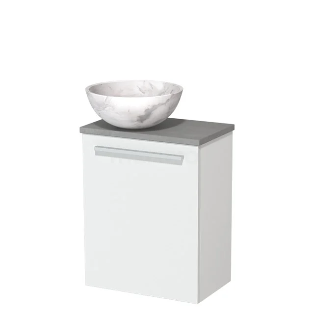 Wit badkamermeubel met grijze bovenkant en marmeren waskom, modern design voor een stijlvolle badkamer.