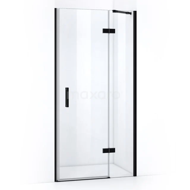 Shower door with matt black frame, clear glass and swivel mechanism, stylishly designed for modern bathroom fittings.